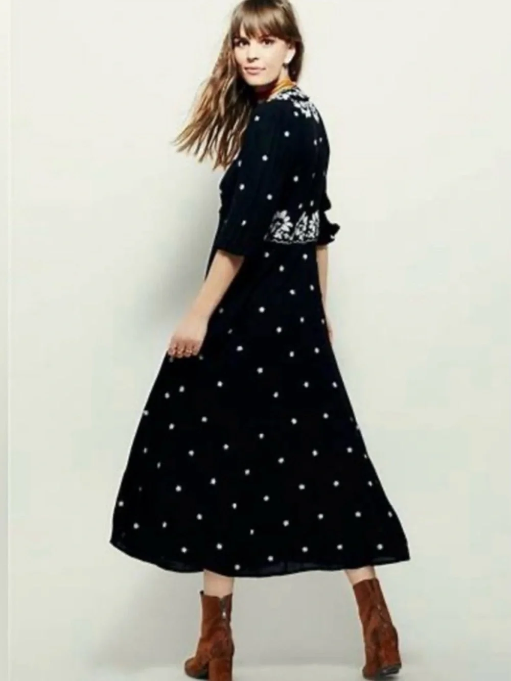 Free People Embroidered Fable V-Neck‎ Empire Waist Midi Dress Black Size Small